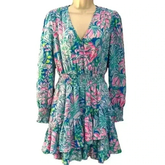 Lilly Pulitzer Cristiana Stretch Blend Dress Green Blue Floral Size 00 - Picture 1 of 7